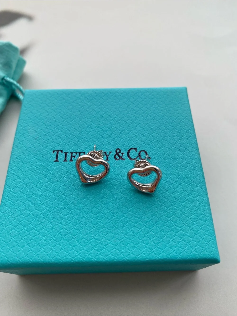 Tiffany & Co. Sterling Silver Open Heart Stud Earrings - Blue